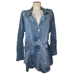 DG2 Diane Gilman Womens 2X Blue Denim Trench Coat Belted Button Front Jacket